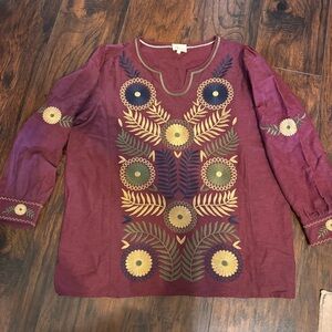 Linen Blend Embroidered Floral Tunic Top - Wine